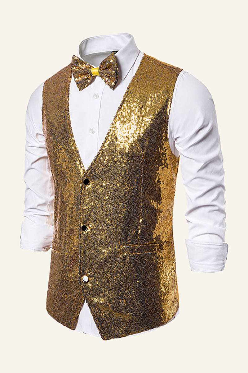 Load image into Gallery viewer, Sparkly Golden Lapel Sequins Men&#39;s Vest with Bow Tie