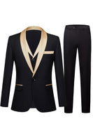 Load image into Gallery viewer, Black 3 Pieces Champagne Shawl Lapel One Button Men&#39;s Prom Suits