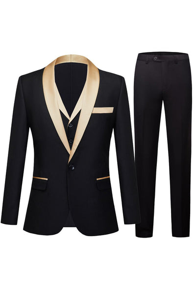 Black and Champagne 3 Piece Shawl Lapel Men's Prom Suits