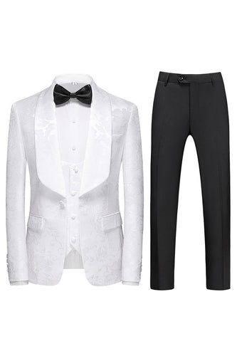 Men's White Jacquard 3-Piece Shawl Lapel Prom Suits