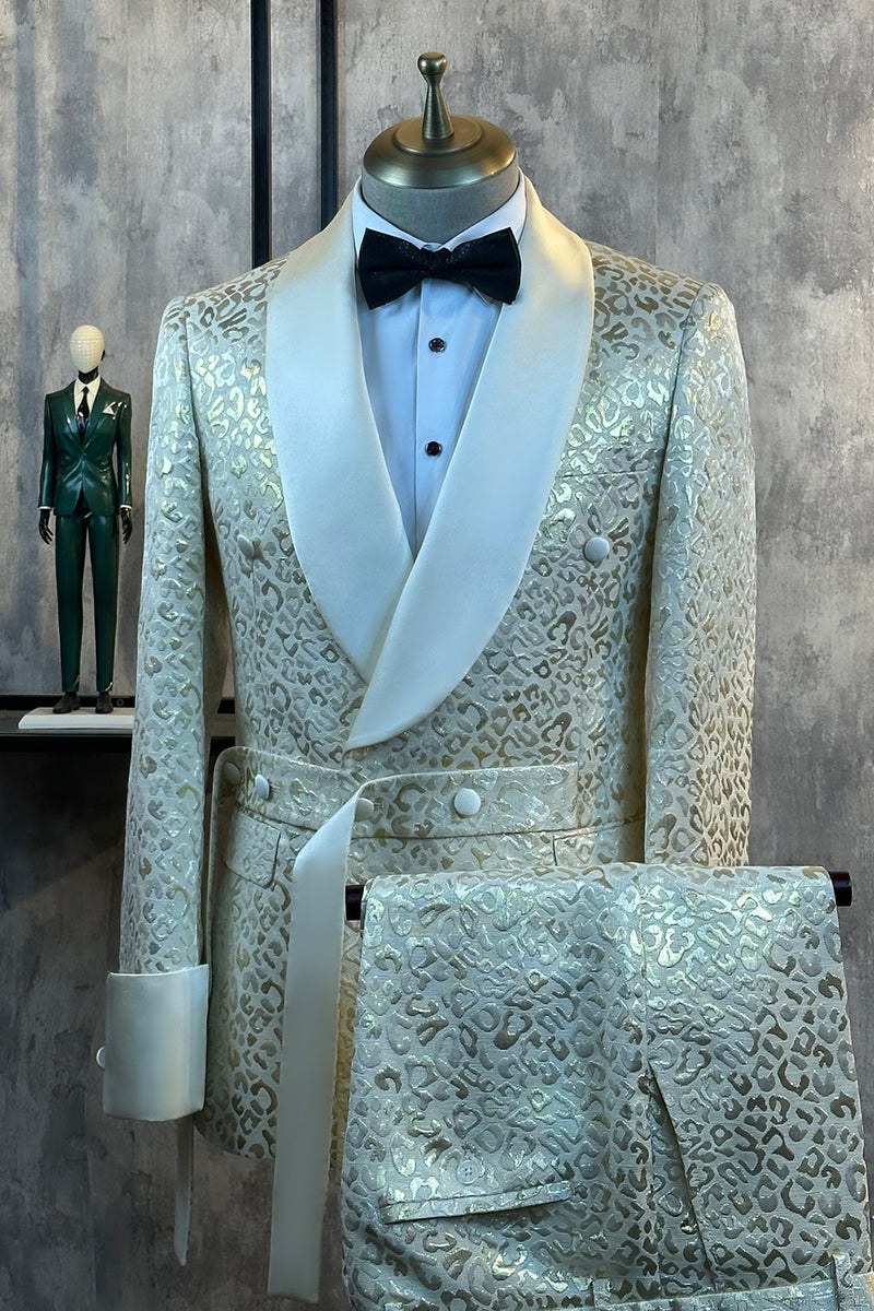 Load image into Gallery viewer, Glitter White Jacquard 2 Piece Men Suits with Belt