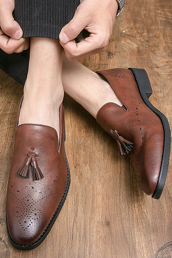 Black Leather Fringe Slip-On Men's Shoes