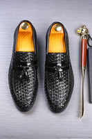 Load image into Gallery viewer, Black Fringe Leather Slip-On Men&#39;s Shoes