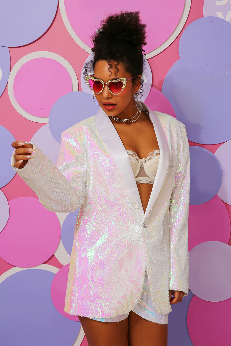 Load image into Gallery viewer, White Sequins One Button Women&#39;s Blazer