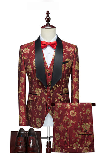 Red Jacquard Shawl Lapel 3 Pieces Men's Suits