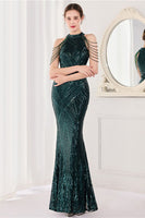 Load image into Gallery viewer, Mermaid Halter Dark Green Sequins Long Prom Dress