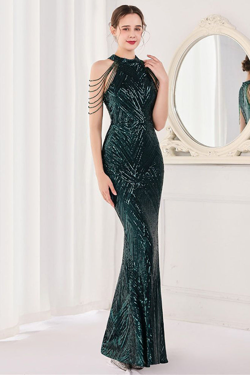 Load image into Gallery viewer, Mermaid Halter Dark Green Sequins Long Prom Dress
