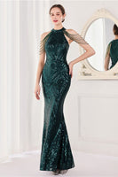 Load image into Gallery viewer, Mermaid Halter Dark Green Sequins Long Prom Dress