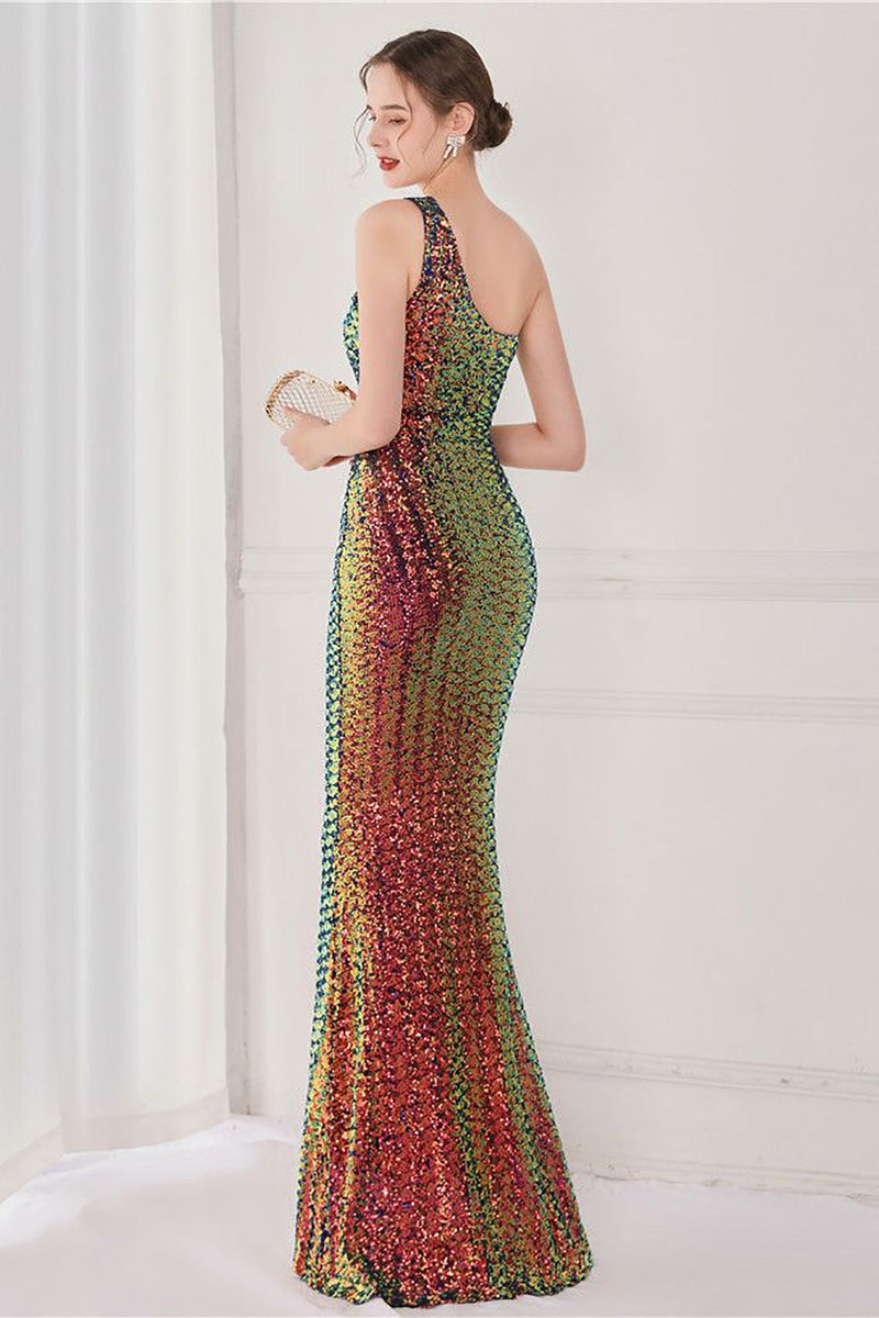 Load image into Gallery viewer, Colorful One Shoulder Sequined Mermaid Evening Dress