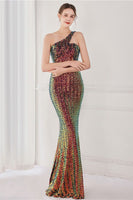 Load image into Gallery viewer, Colorful One Shoulder Sequined Mermaid Evening Dress