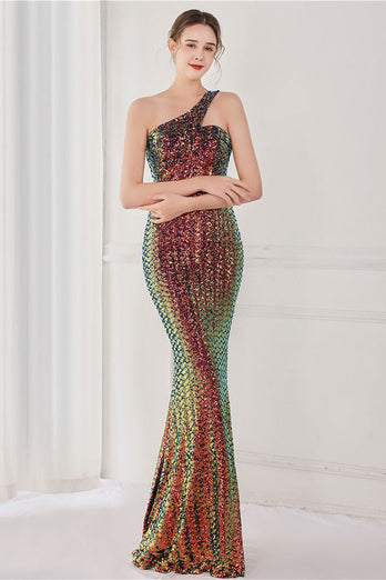 Colorful One Shoulder Sequined Mermaid Evening Dress