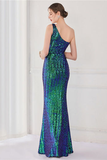 Colorful One Shoulder Sequined Mermaid Evening Dress