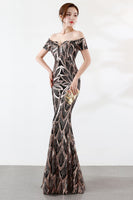 Load image into Gallery viewer, Black Off The Shoulder Mermaid Evening Dress