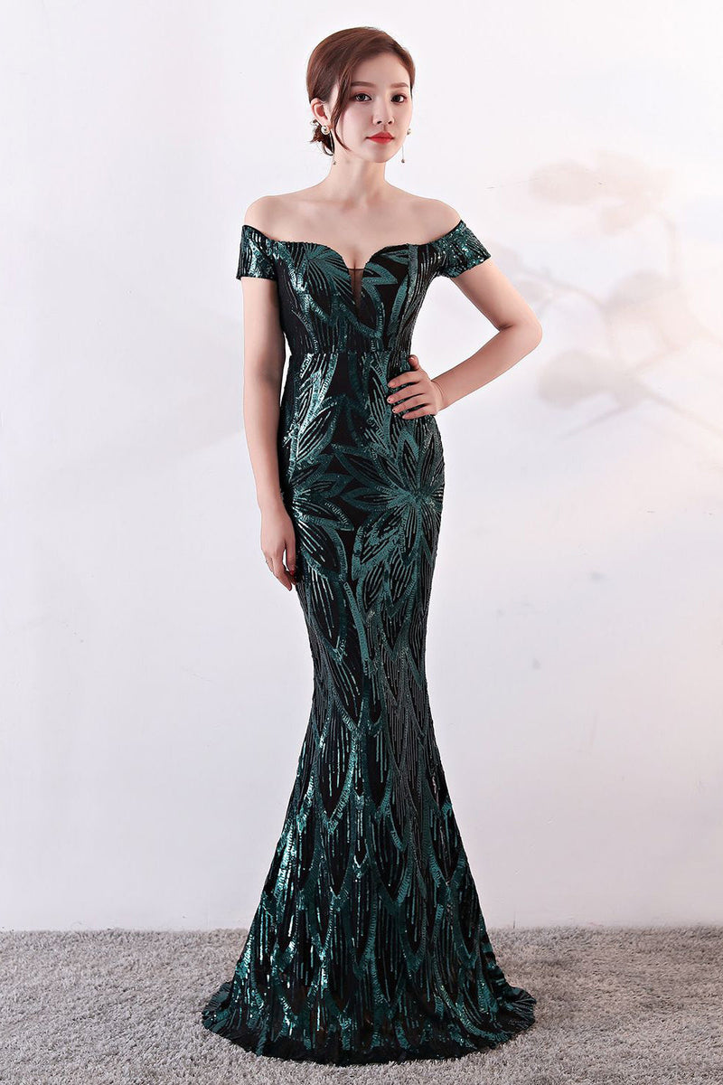 Load image into Gallery viewer, Black Off The Shoulder Mermaid Evening Dress