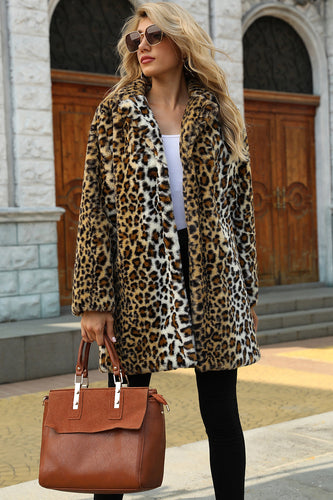 Brown Notched Lapel Leopard Midi Faux Fur Coat