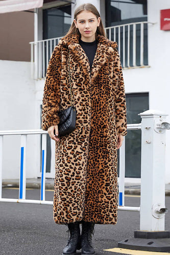 Brown Leopard Notched Lapel Faux Fur Shearling Coat