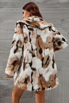 White and Brown Shawl Lapel Midi Faux Fur Shearling Coat