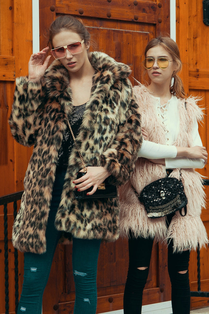 Load image into Gallery viewer, Brown Leopard Lapel Neck Midi Faux Fur Shearling Coat