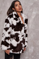 Load image into Gallery viewer, White Cow Pattern Midi Faux Fur Shearling Coat