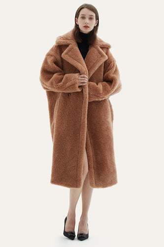 Camel Lapel Fleece Oversized Long Fuzzy Teddy Coat
