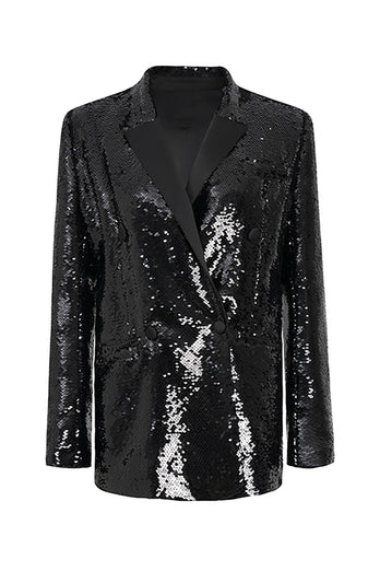Sparkly Black Sequins Longline Oversized Prom Blazer For Women