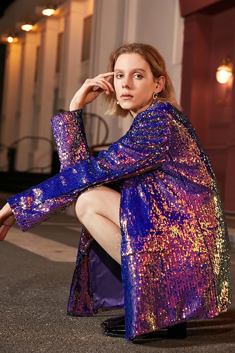 Load image into Gallery viewer, Sparkly Purple Sequins Oversized Longline Prom Blazer For Women