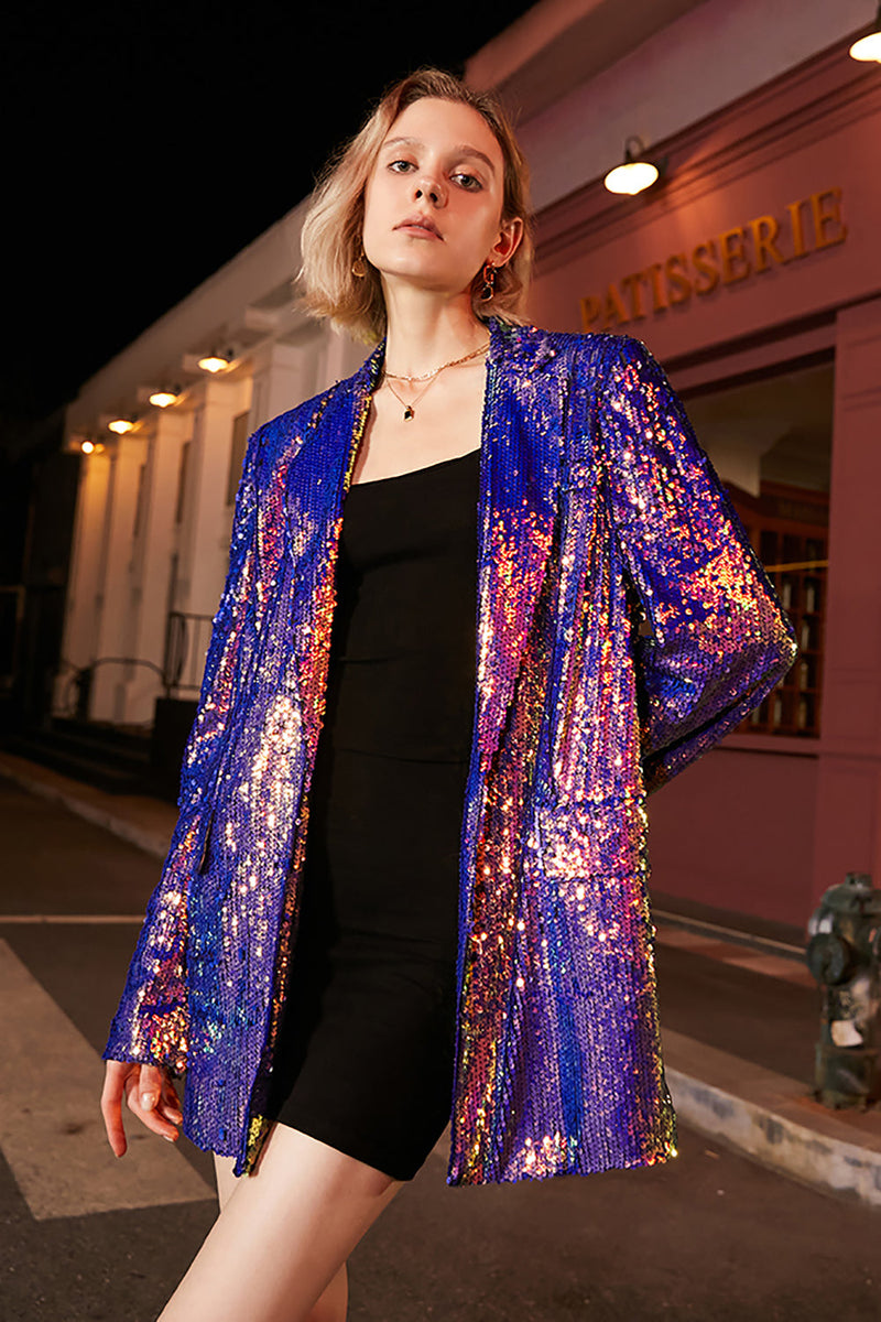 Load image into Gallery viewer, Sparkly Purple Sequins Oversized Longline Prom Blazer For Women