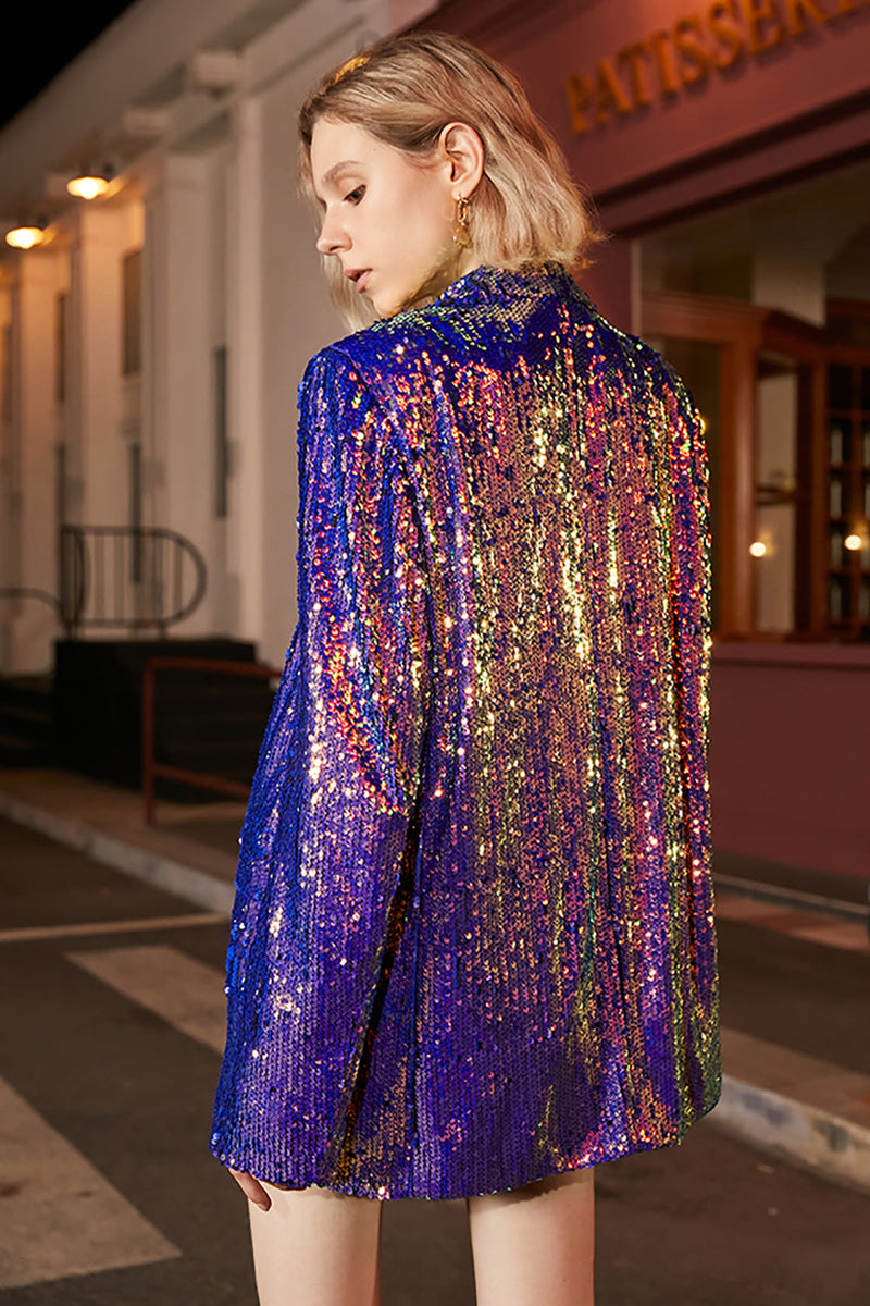 Load image into Gallery viewer, Sparkly Purple Sequins Oversized Longline Prom Blazer For Women