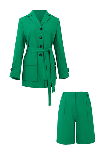 Green Belted Fitted Women Shorts and Blazer Suit Set