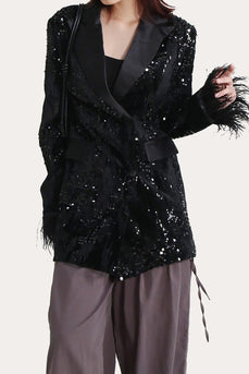 Glitter Black Sequins Women Prom Homecoming Blazer with Feathers