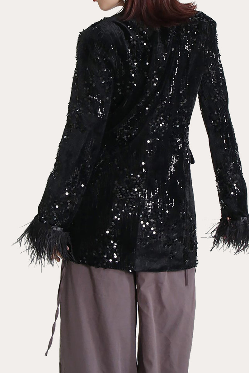 Load image into Gallery viewer, Glitter Black Sequins Women Prom Homecoming Blazer with Feathers
