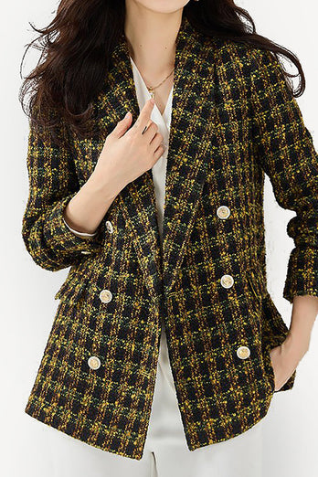 Yellow Plaid Double Breasted Tweed Women Blazer