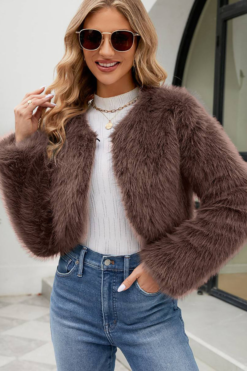 Load image into Gallery viewer, Apricot Open Front Shearling Faux Fur Cropped Coat