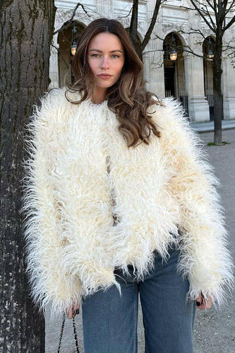 White Open Front Shearling Faux Fur Coat