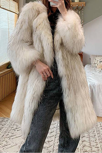 White Open Front Fluffy Long Shearling Faux Fur Coat