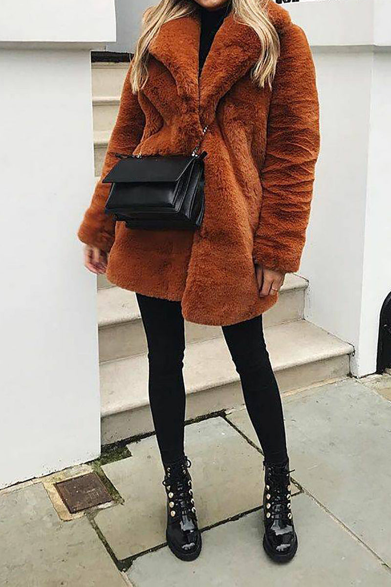 Load image into Gallery viewer, Orange Lapel Neck Open Front Faux Fur Midi Women Coat