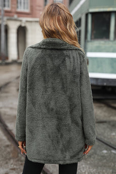 Grey Mid Length Notched Lapel Fleece Coat