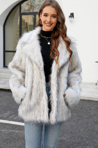 White Open Front Notched Lapel Faux Fur Women Coat