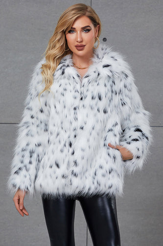 White Leopard Print Lapel Neck Faux Fur Women Coat