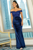 Load image into Gallery viewer, Royal Blue Off the Shoulder Sequin Sheath Long Prom Dress