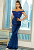 Load image into Gallery viewer, Royal Blue Off the Shoulder Sequin Sheath Long Prom Dress