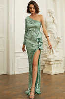 Load image into Gallery viewer, One Shoulder Green Sequin Prom Dress With Ruffles