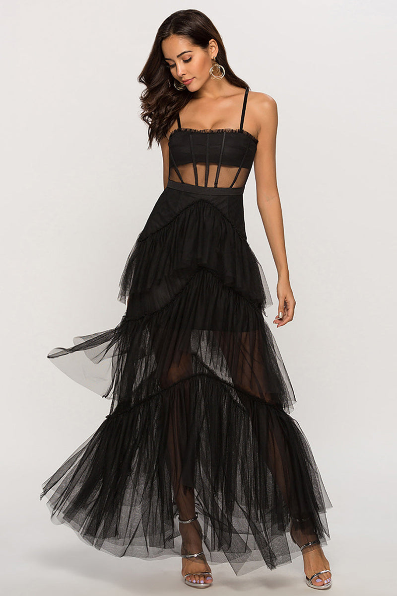 Load image into Gallery viewer, Black Corset Asymmetrical Tulle Long Prom Dress