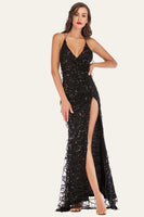 Load image into Gallery viewer, Black Spaghetti Straps V-Neck Backless Fringed Sequin Dress With Slit