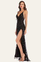 Load image into Gallery viewer, Black Spaghetti Straps V-Neck Backless Fringed Sequin Dress With Slit