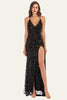 Load image into Gallery viewer, Black Spaghetti Straps V-Neck Backless Fringed Sequin Dress With Slit