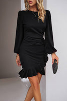 Load image into Gallery viewer, Black Bodycon Round Neck Short Party Dress With Puff Sleeve