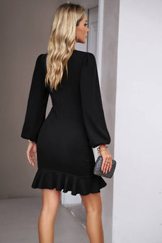 Black Bodycon Round Neck Short Party Dress With Puff Sleeve