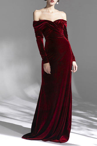 Burgundy Velvet Off the Shoulder Long Sleeves Floor Length Prom Dress