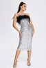 Load image into Gallery viewer, Silver Sequins Sparkly Cocktail Dress with Feathers